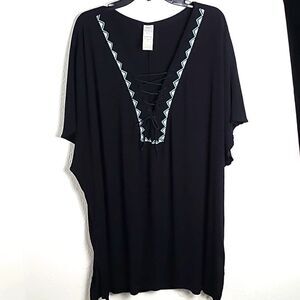 Time & Tru Black Kimono-Blue & White Embroidery & Lace-up Neckline,Size 3X 24/26